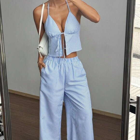 Blue Sexy Women's Striped Tank Top & Elastic Pants Two-Piece Set